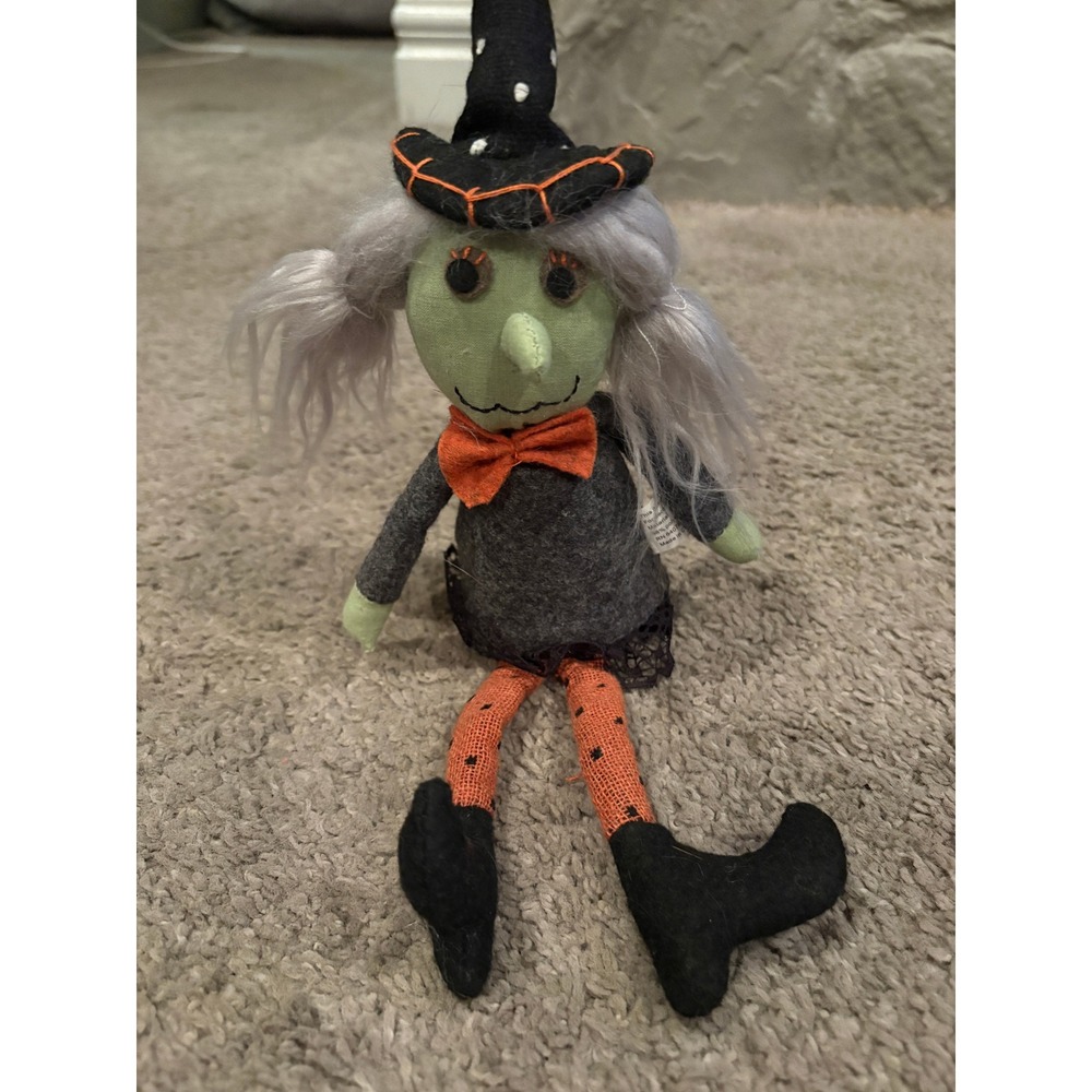 Halloween Witch Shelf Sitter Figurine Green Face Grey Hair Orange Polka Dot Legs